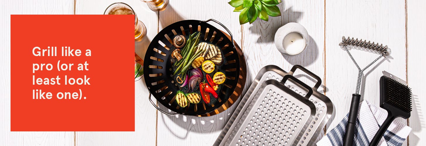 It's time to fire up the grill. overhead view of several BBQ cooking items