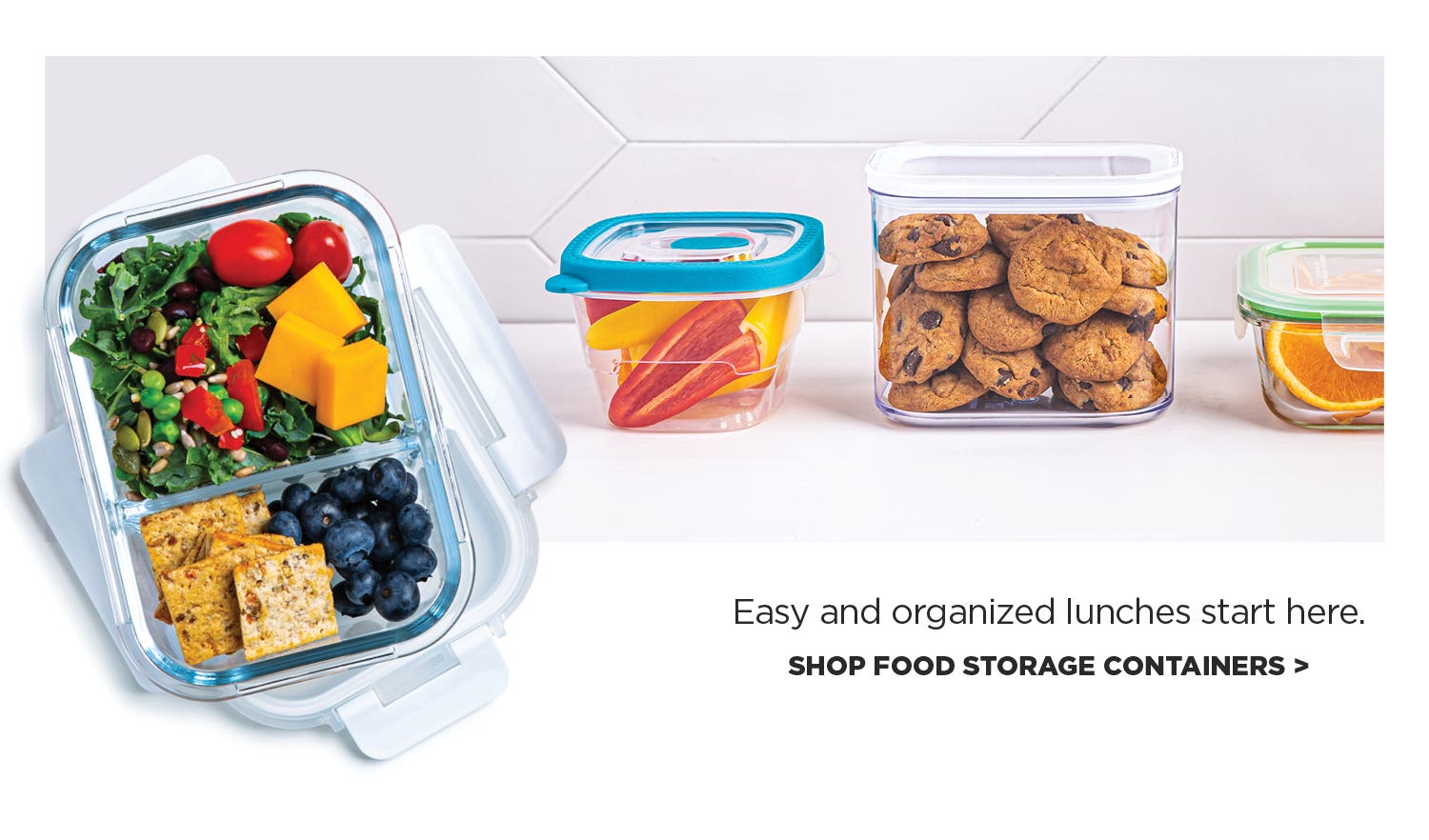 Easy organized lunches start here – Shop Food Storage Containers – various containers filled with food on a white counter top