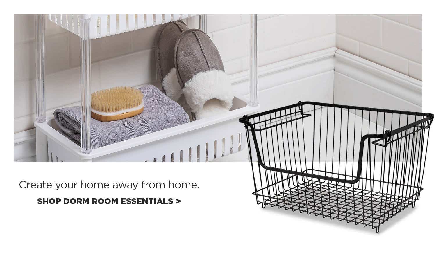 Create your home away from home – stacking basket and rollaway storage with towels and slippers