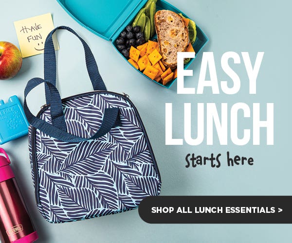 Colourful Lunch bags, water bottles, packed lunches, and apple. Easy Lunch Starts here - Everything you need > for mobile