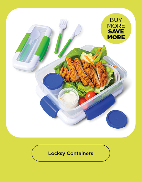 Buy More Save More Locksy Containers - bento-style container with strips of chicken on salad and reusable plastic utensils for mobile