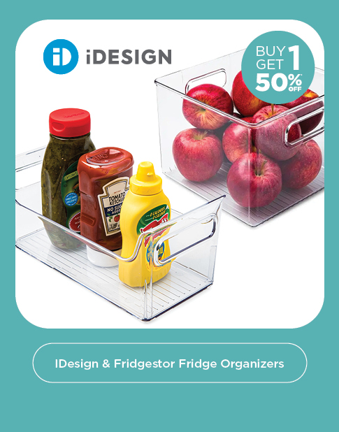 Buy One Get One 50% Off iDesign & Fridgestor Organizers - 2 clear plastic organizers: one with 3 bottles on condiments, one with apples, 