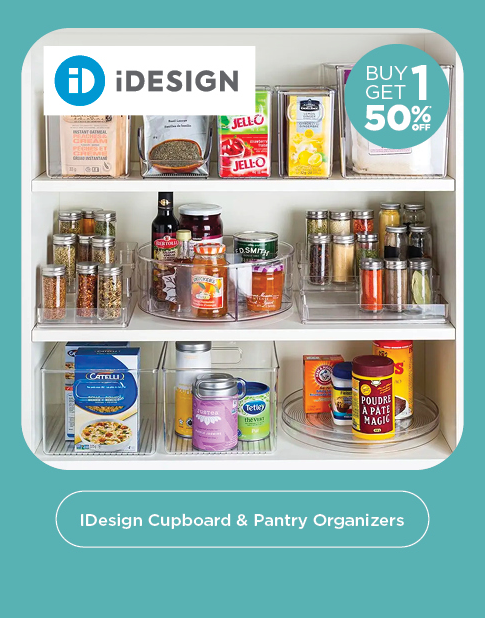 Buy One Get One 50% Off iDesign Pantry Organizers - clear plastic organizing containers in a cupboard/pantry