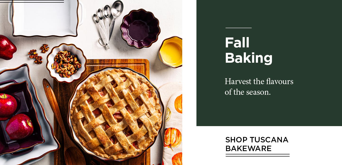 Fall Baking - overhead view of baking dishes and utensils and an apple pie