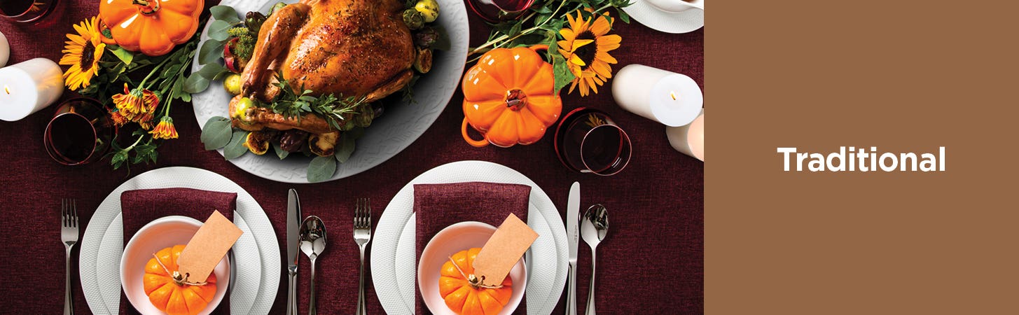 Traditional - overhead view of placesetting with pumpkin theme, and burgundy table cloth