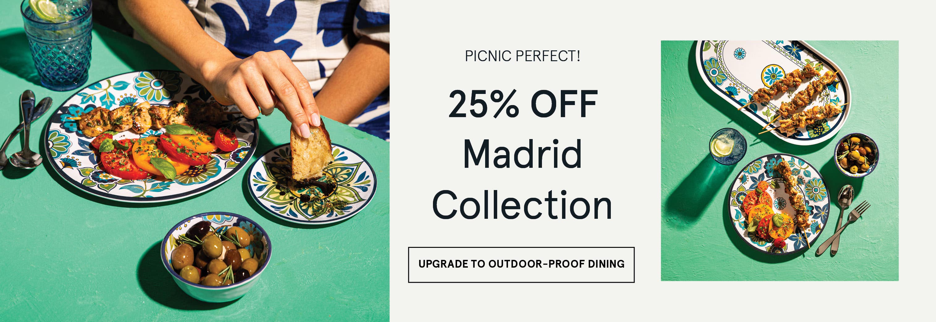 Colourful melamine outdoor dinnerware with delicious Mediterranean food