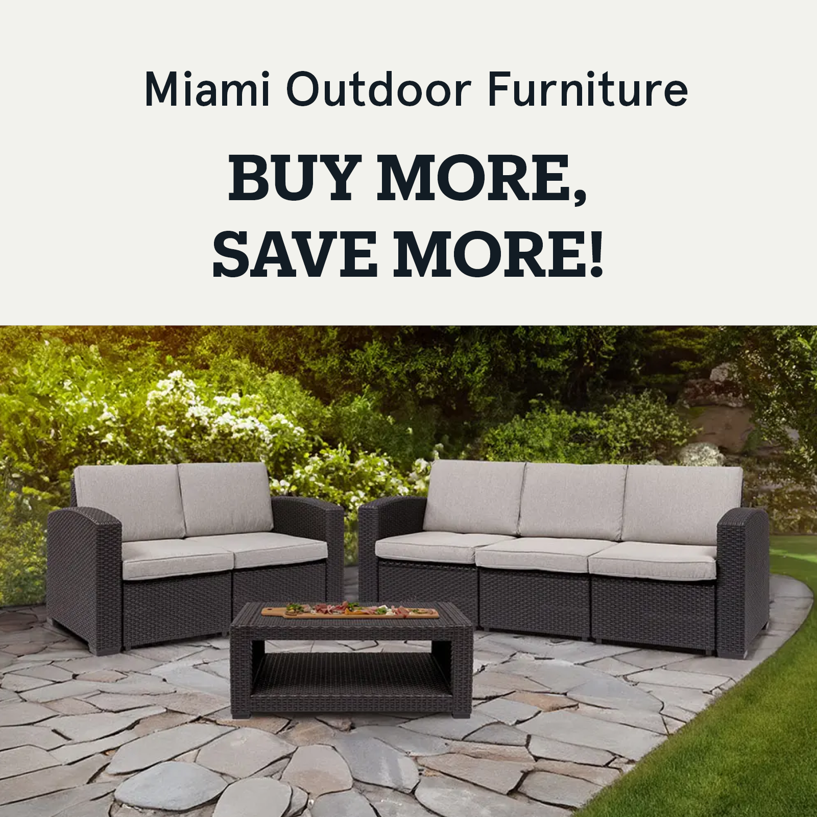 Outdoor furniture set up in a foresty background