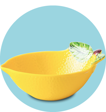 lemon-shaped melamine bowl on a blue circle