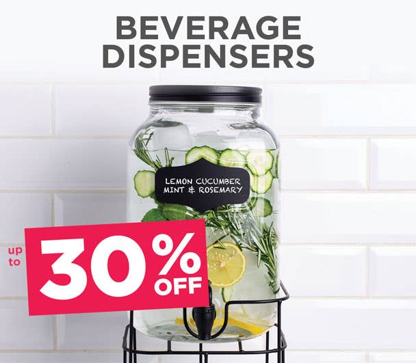 up to 30% Off Beverage Dispensers - dispensers filled with lemon slicers, cucumbers, mint & rosemary water