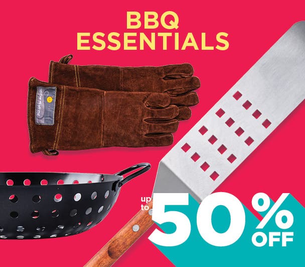 up to 50% Off BBQ Essentials - grill gloves, spatular and brill basket on a red background
