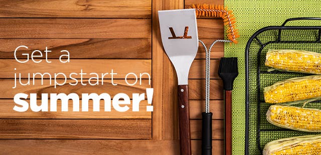 Get a jumpstart on summer! BBQ tools on a wooden tabletop for mobile