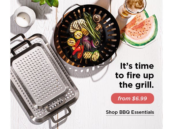 overhead view of tabletop with BBQ grilling pans, one with grilled vegetables - it's time to fire up the grill for mobile