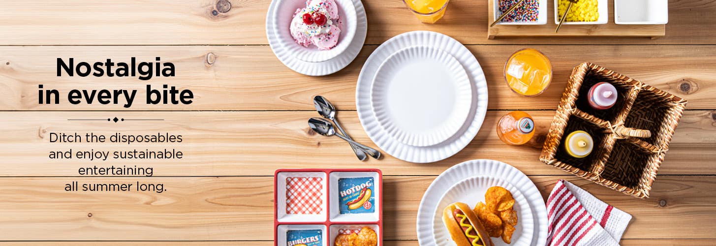 Nostalgia in every bite. overhead view of table with paper-plate looking melamine dinnerware, with a hotdog and ice cream on a wooden tabletop
