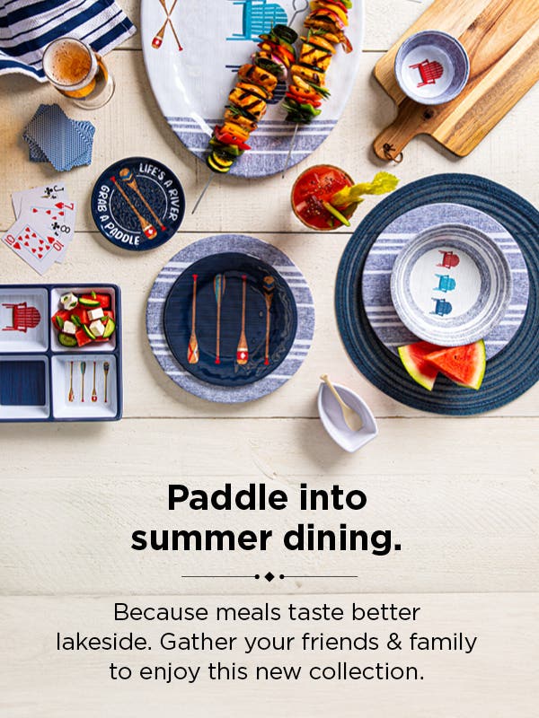 Paddle into summer dining. overhead view of table with lakeside-theme melamine dinnerware and serverware for mobile