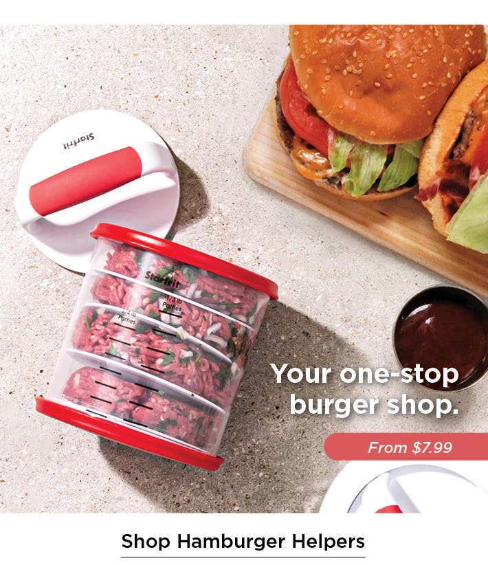 overhead view of tabletop with hamburger press, and 2 hamburgers on a cutting board - your one-stop burger shop