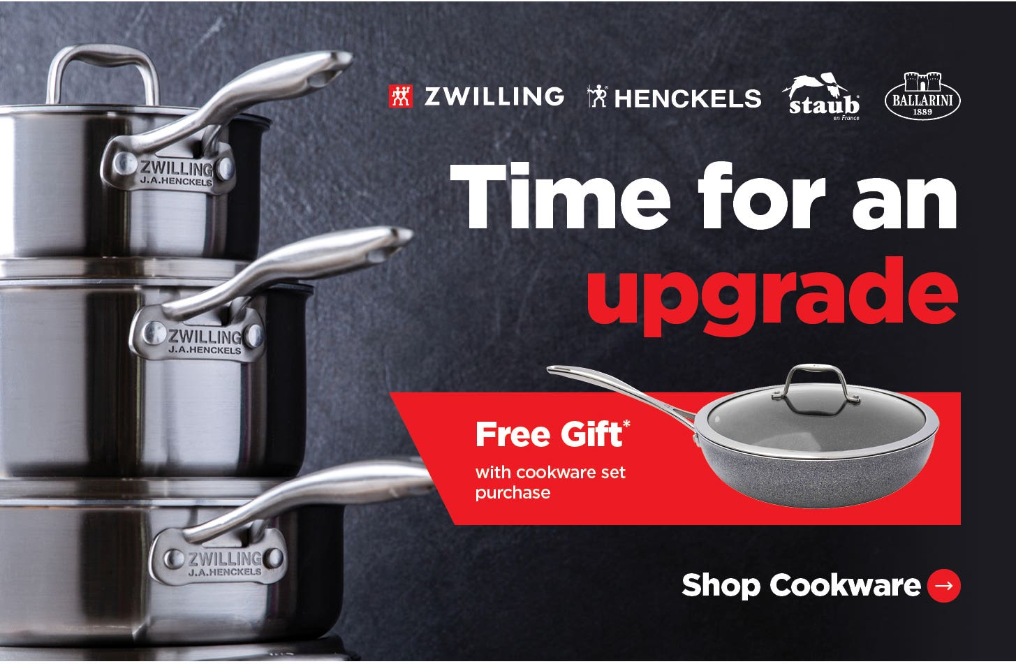 close-up of stack of 3 cookware pieces + free gift with cookware set purchase
