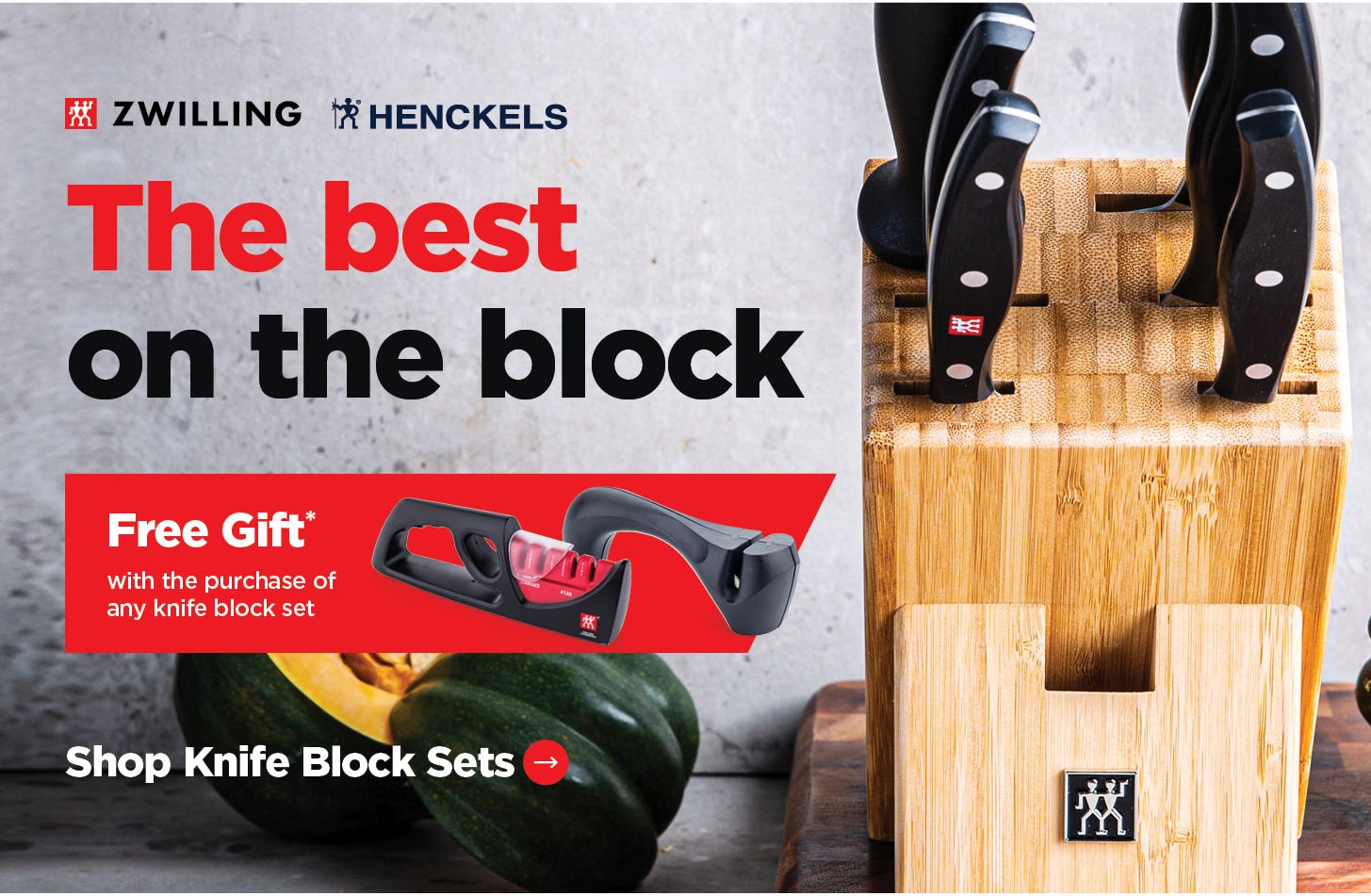 close-up of knife block set on a cutting board + free gift knife sharpeners