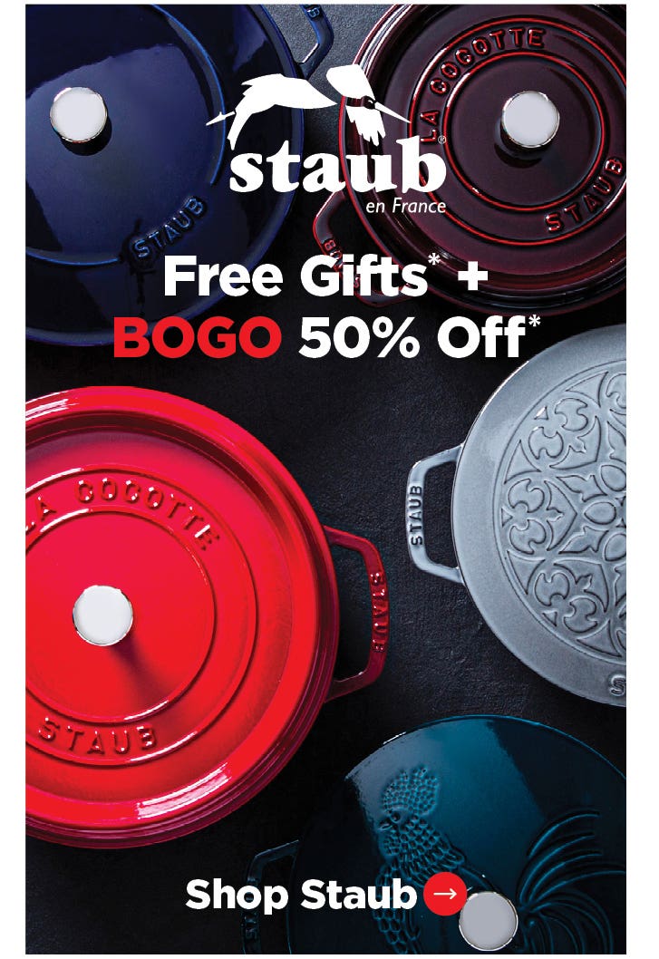 overhead view of different colour Staub cookware, Staub logo
